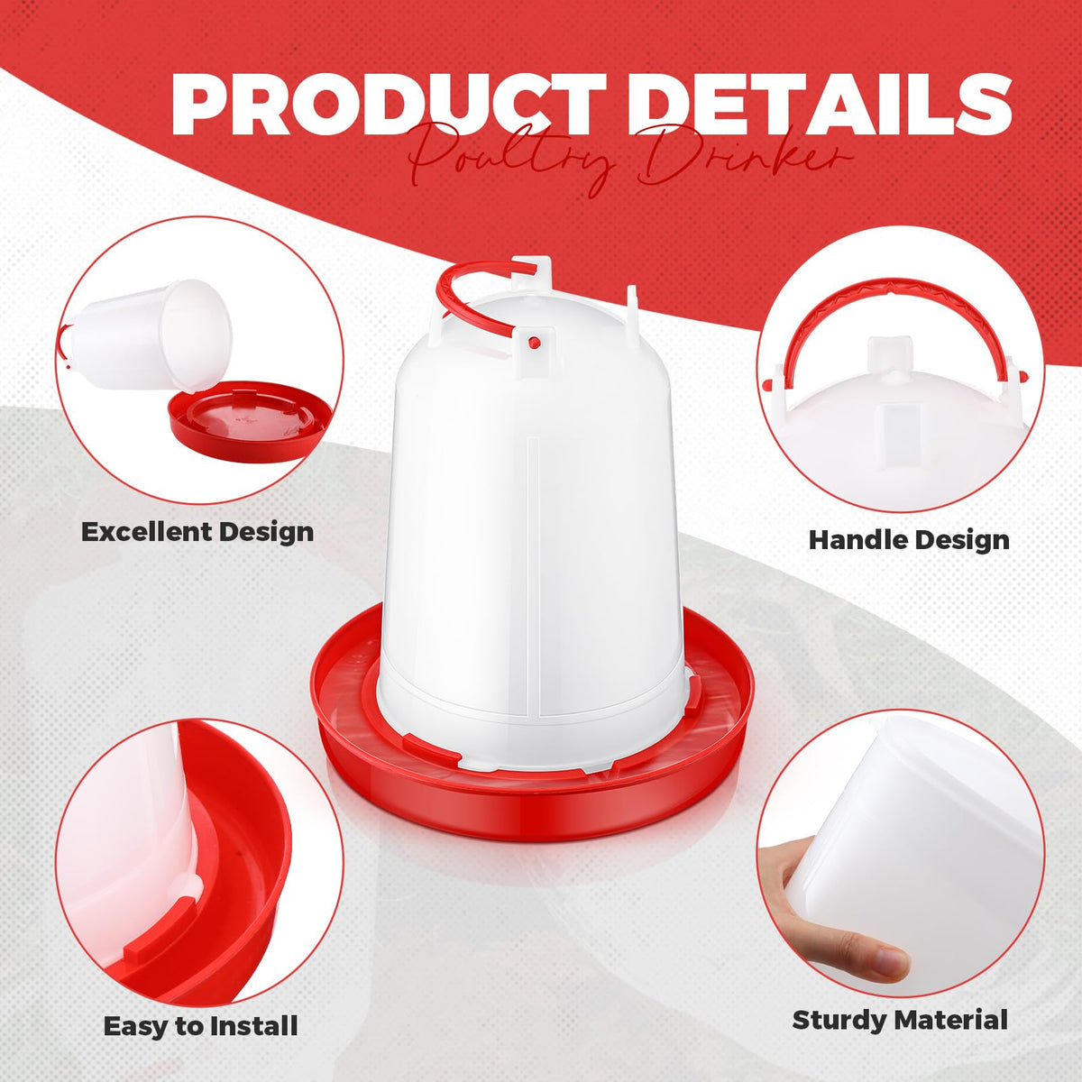 Pickmesh red-white design waterer on farm improves visibility and appeal.