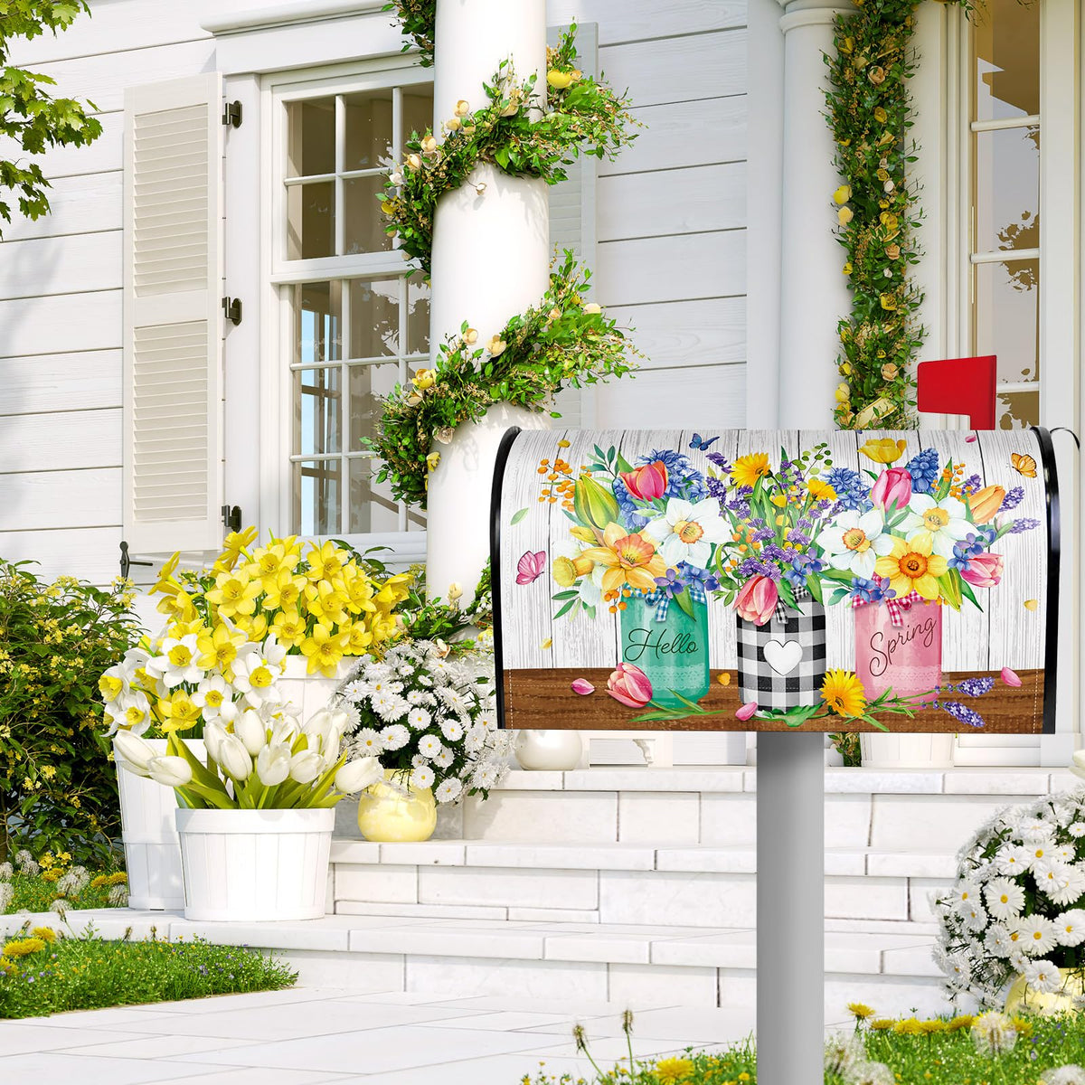 Pickmesh spring flowers mailbox wrap demonstrates easy magnetic attachment for quick changes.