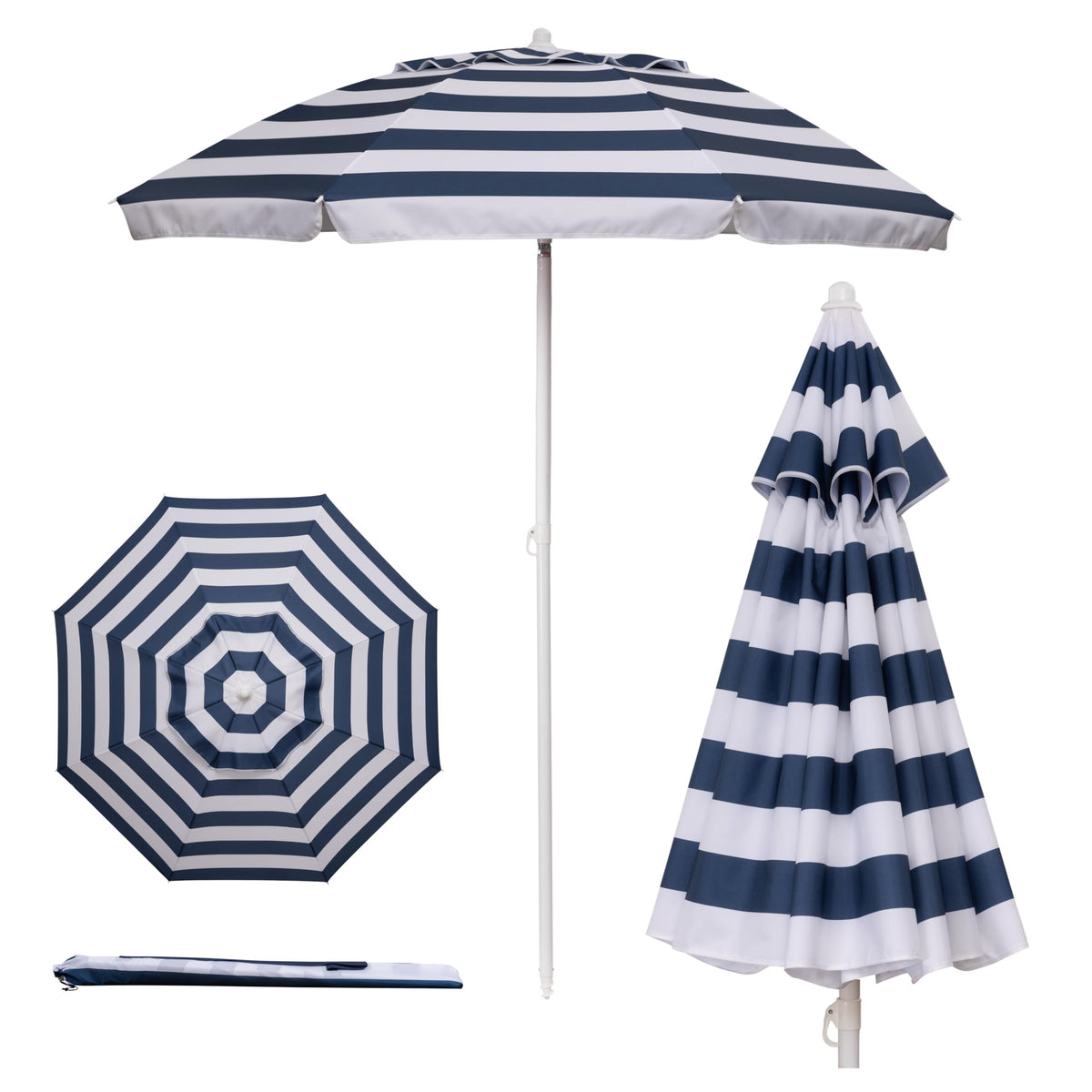 PICNIC TIME 5.5 ft beach umbrella in blue and white stripe provides reliable UV protection.