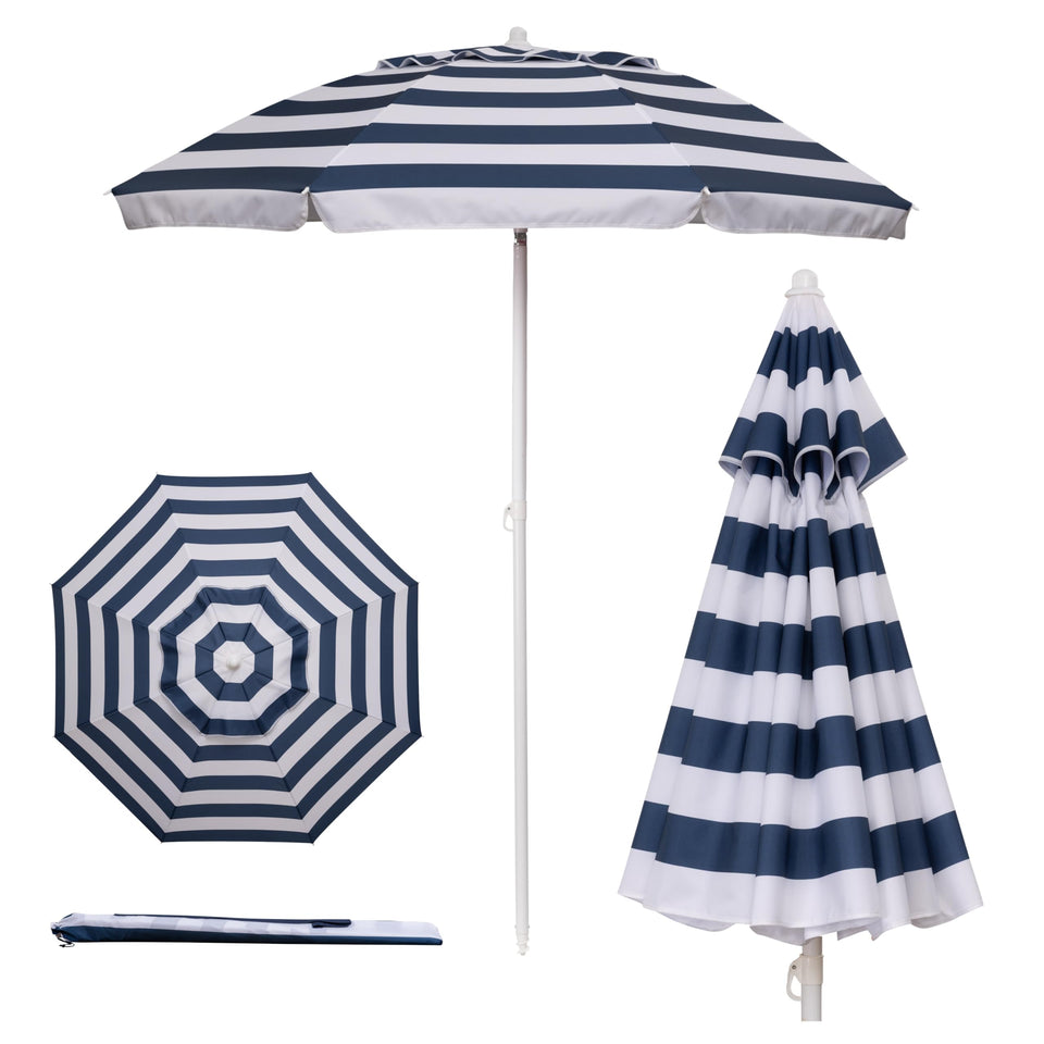 PICNIC TIME 5.5 ft beach umbrella in blue and white stripe provides reliable UV protection.