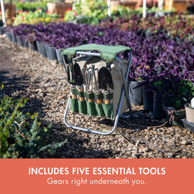 PICNIC TIME five garden tools with wooden handles ready on the tote.