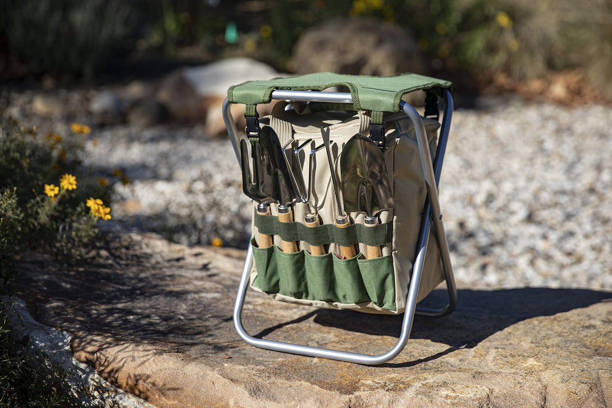 PICNIC TIME folding garden bench shown for easy storage after outdoor chores.