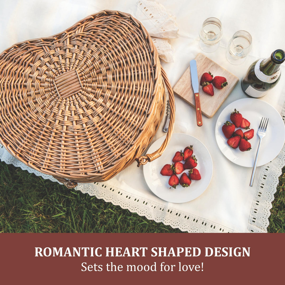 Picnic Time Heart Basket handle-side shot highlighting durable willow for long-lasting use.