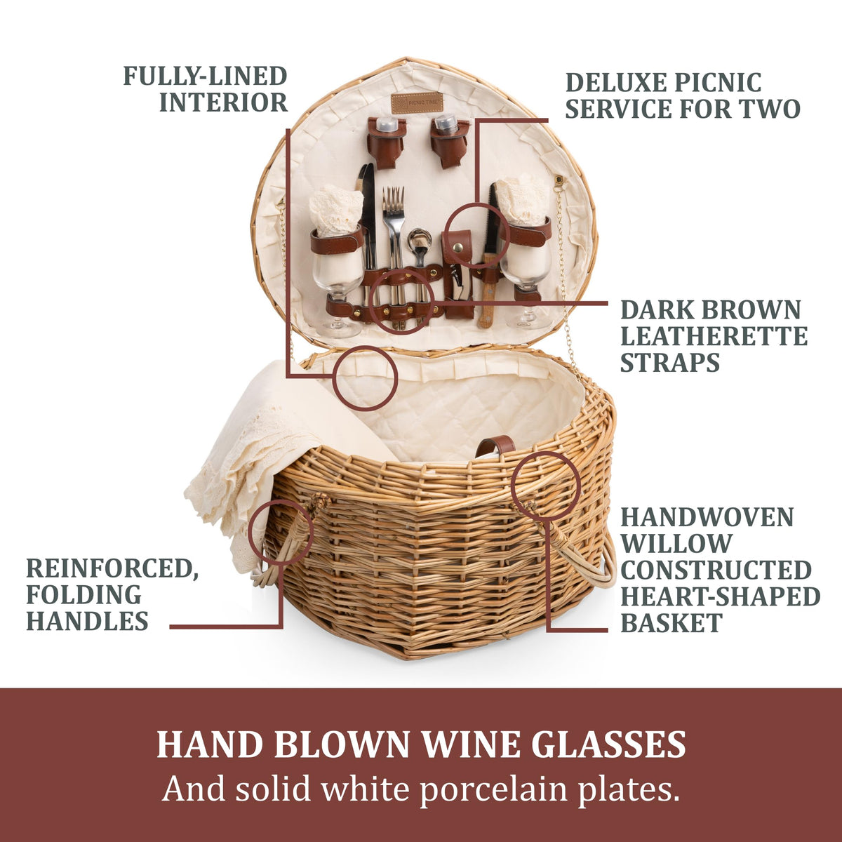 Picnic Time Heart Basket close-up reveals artisan craftsmanship and classic appeal.