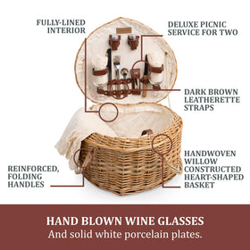 Picnic Time Heart Basket close-up reveals artisan craftsmanship and classic appeal.
