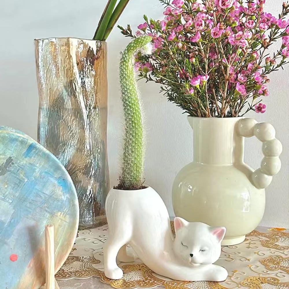 Picvelno ceramic kitty pot highlights easy-care bonsai display.