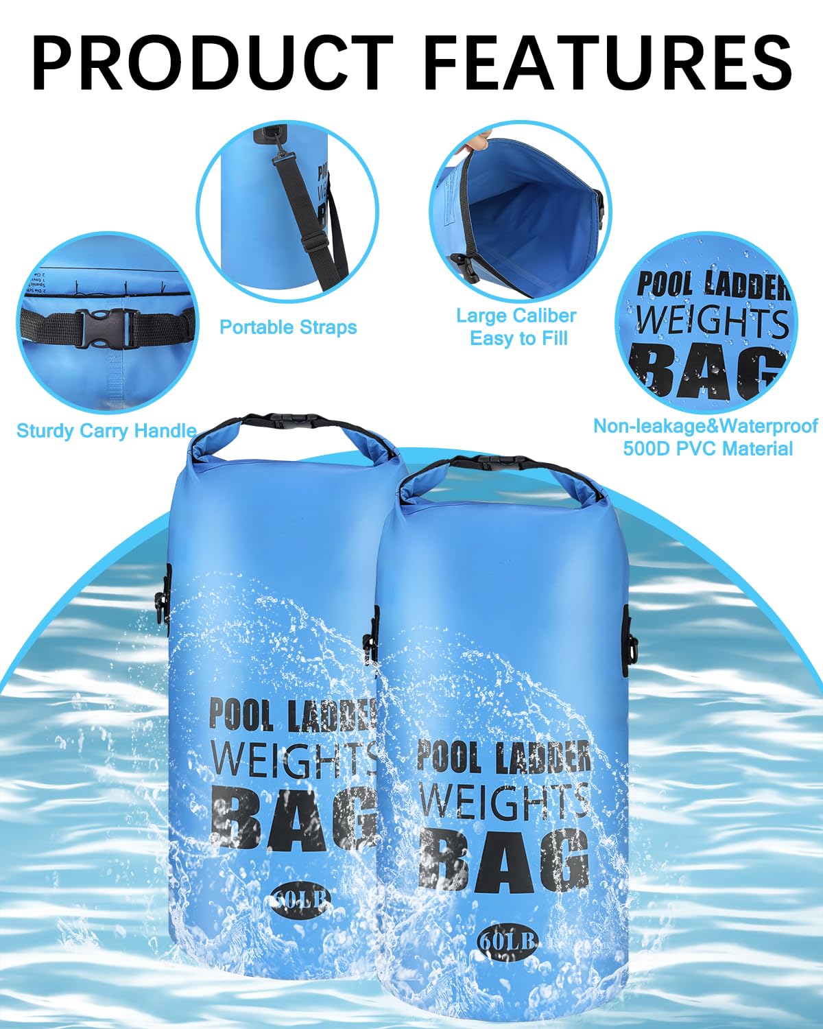 Piemow 60L weight bags provide sturdy, waterproof pool stabilization