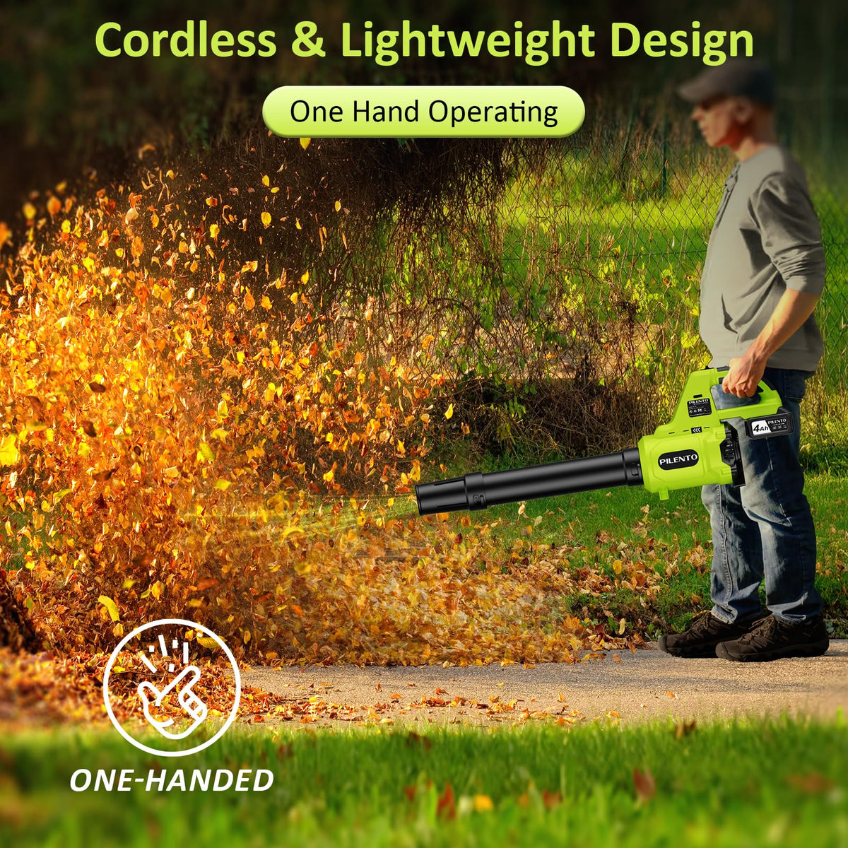 Pilento leaf blower delivers 580 CFM and 180 MPH for fast clearing.