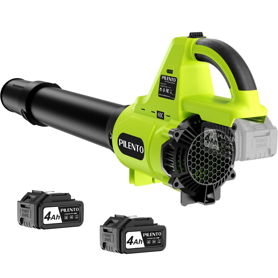 Pilento leaf blower battery pack powering cordless outdoor cleaning.