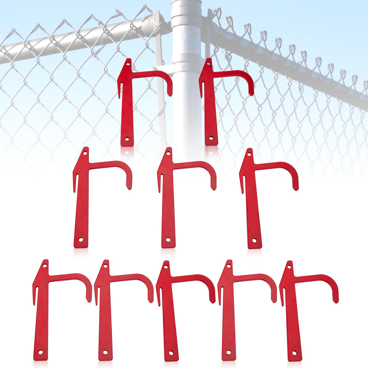 Pilida banana clip stabilizes chain-link fence during setup for secure, even taut mesh.
