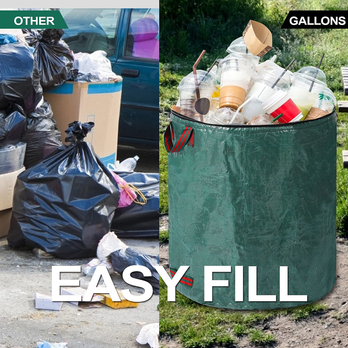 Pilntons zippered top keeps debris contained during yard cleanup