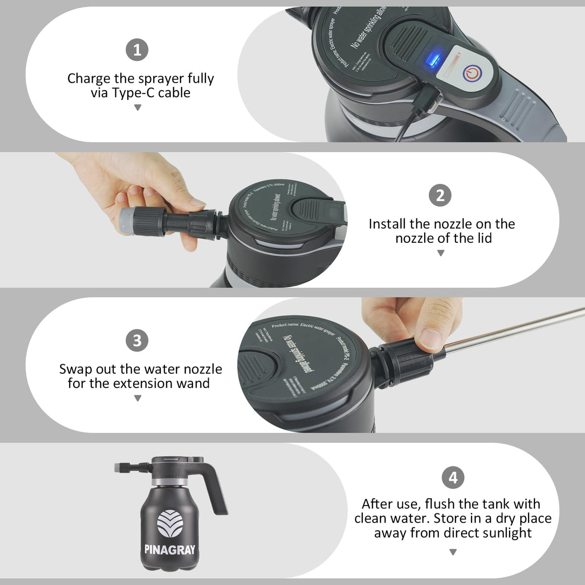 PINAGRAY 25W spray head provides strong pressure for cleaning tasks.