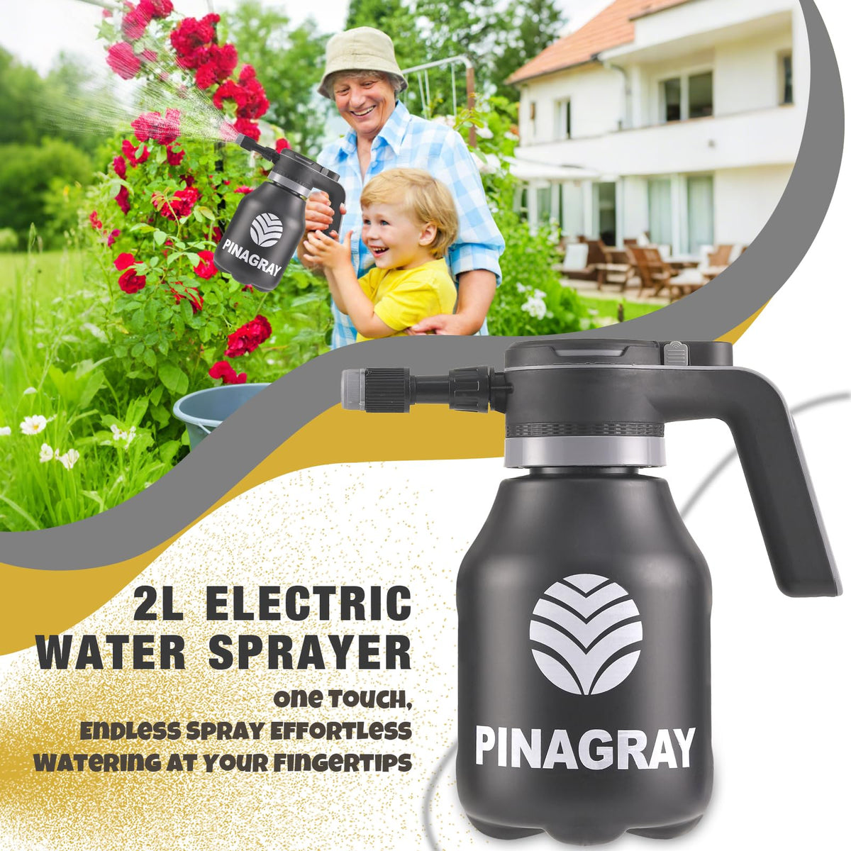 PINAGRAY battery-powered mister with extension wand for hard-to-reach plants.