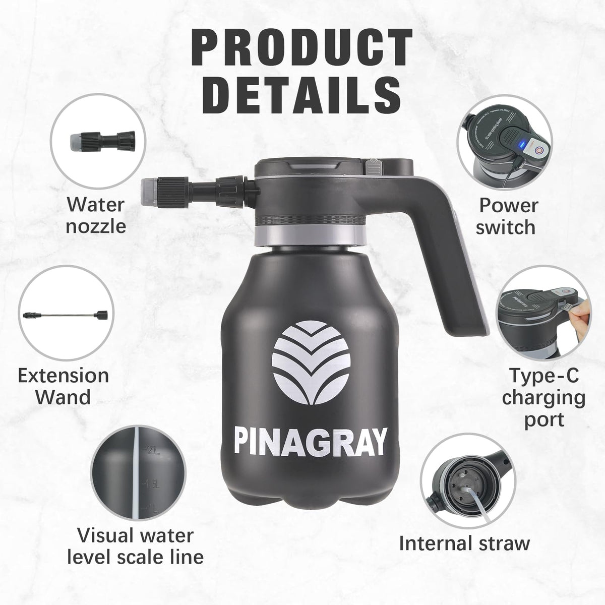 PINAGRAY ergonomic handheld sprayer delivering steady spray without pumping.
