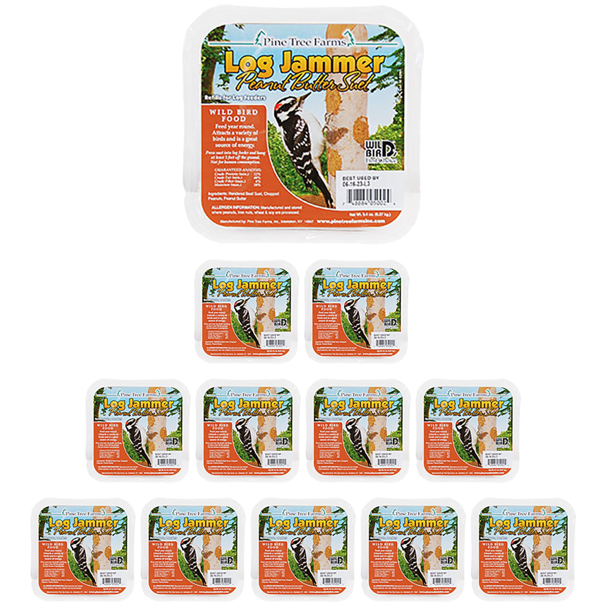 Pine Tree Farms Log Jammer peanut suet plug for woodpeckers; high-energy feeding