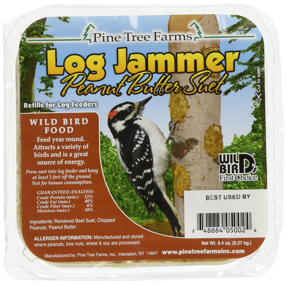 Pine Tree Farms Log Jammer Woodpecker Suet Plug close-up, rich beef suet and peanuts attract woodpeckers