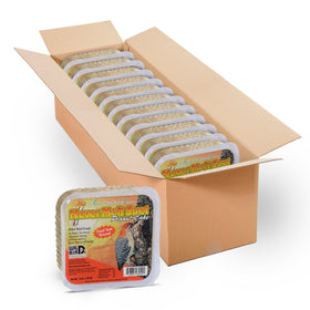 Pine Tree Farms Never Melt Peanut Suet Cake in a backyard feeding setup offering year-round energy
