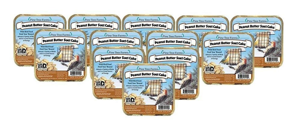 Pine Tree Farms Peanut Butter Suet Cake 12-pack, ideal for year-round backyard feeding.