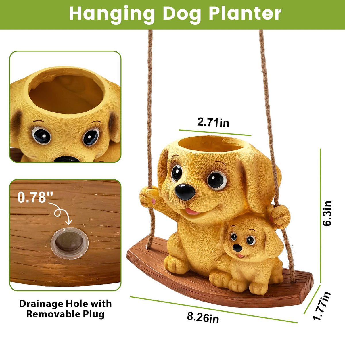 Pinkoriart swing dog planter drainage hole detail supports healthy roots.