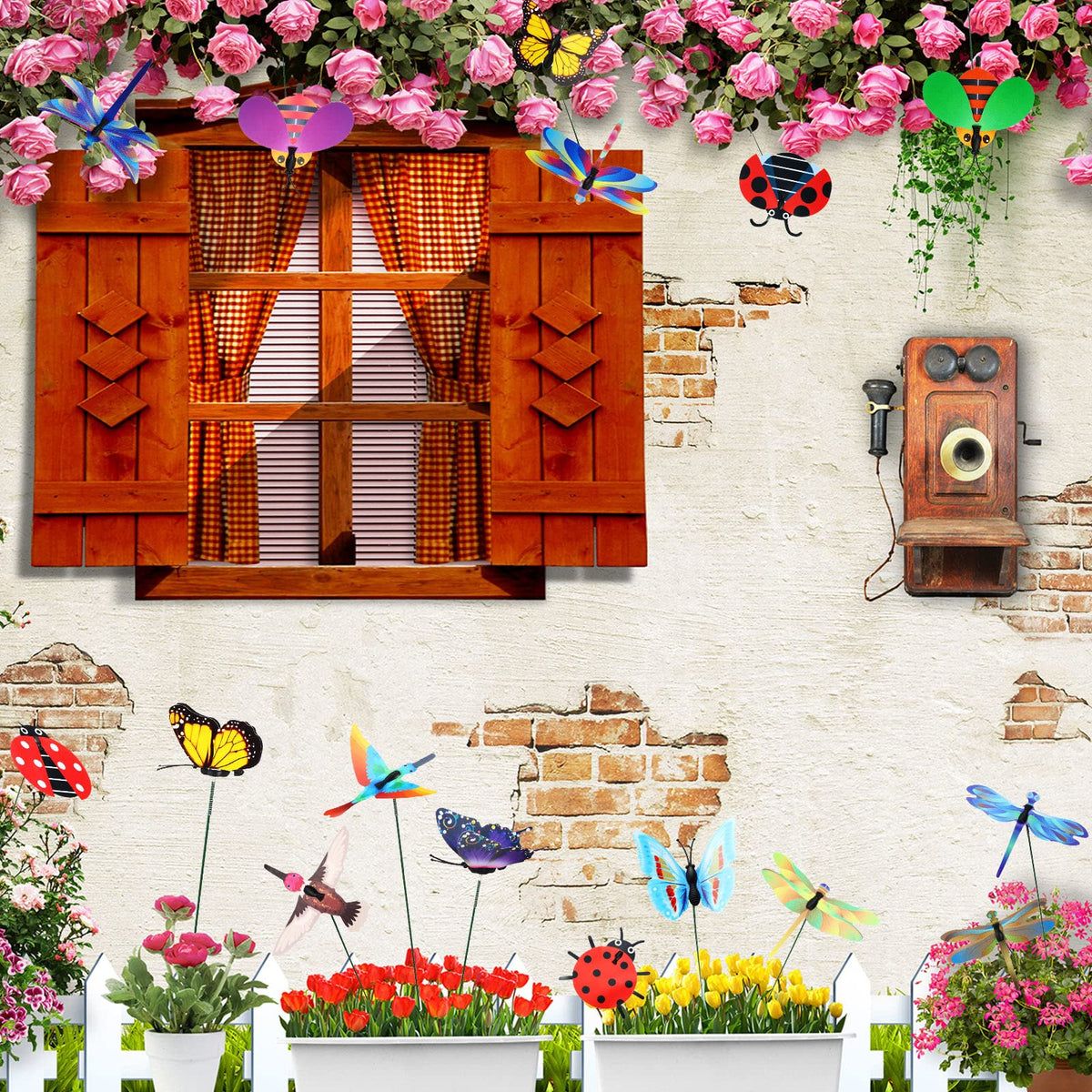 Pinkunn versatile garden stakes for flowers, pots, lawns, and walls.