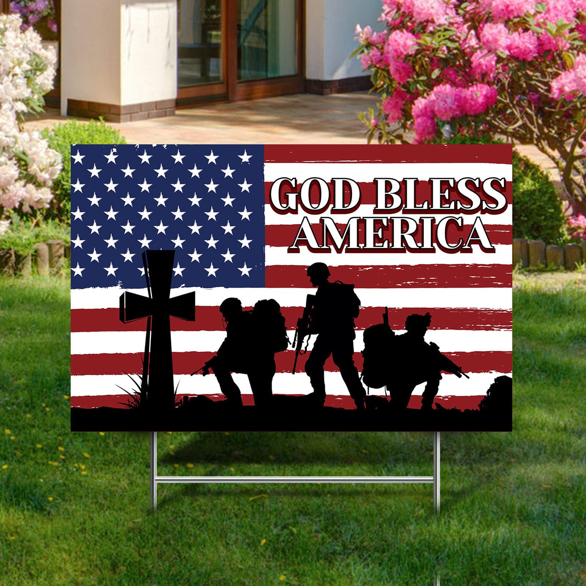 Pinkunn God Bless America sign expresses patriotic sentiment outdoors
