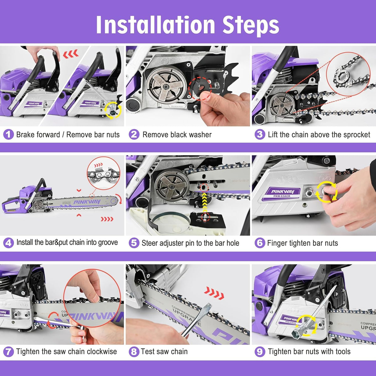 PINKWAY 18-inch and 20-inch chains and bars set for versatile cutting.