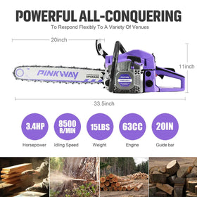 PINKWAY 63CC chainsaw close-up on bar and chain durability