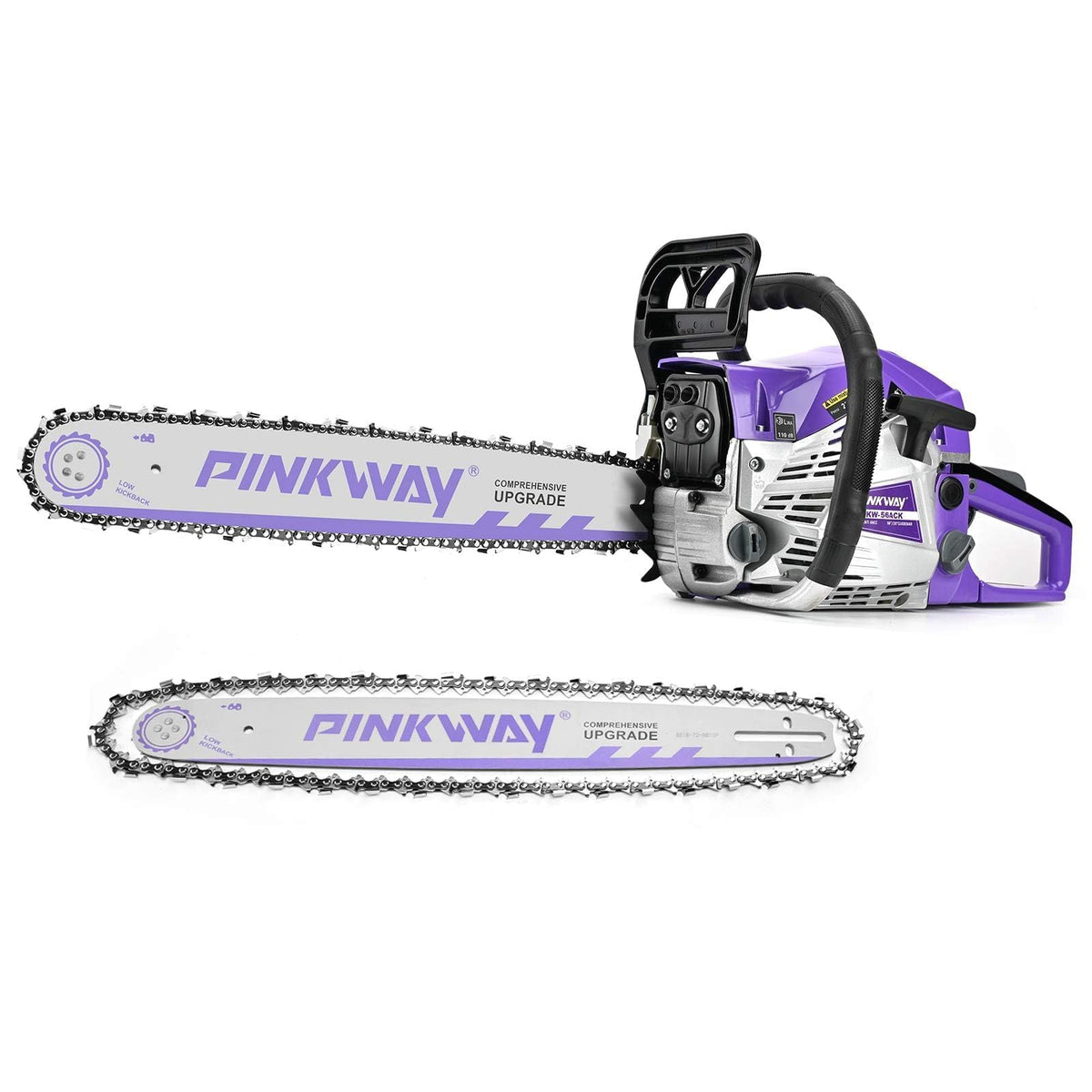 PINKWAY 63cc chainsaw full profile for efficient wood cutting.