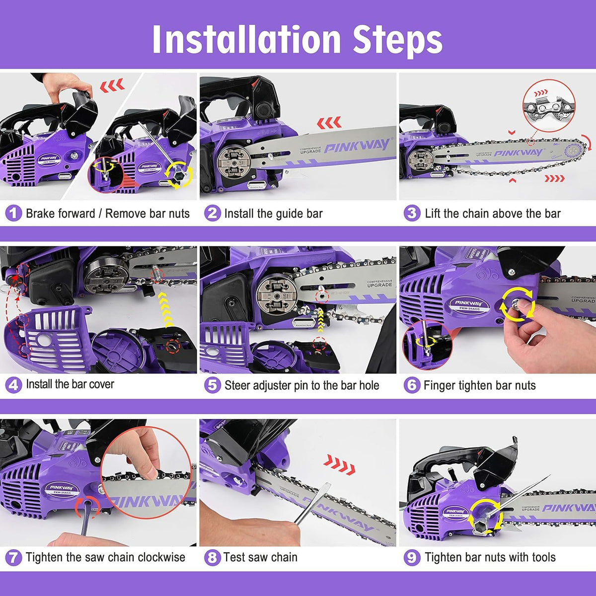 Pinkway chainsaw showing safety features and automatic chain oiling.