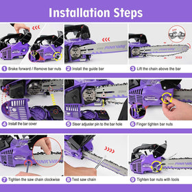 Pinkway chainsaw showing safety features and automatic chain oiling.