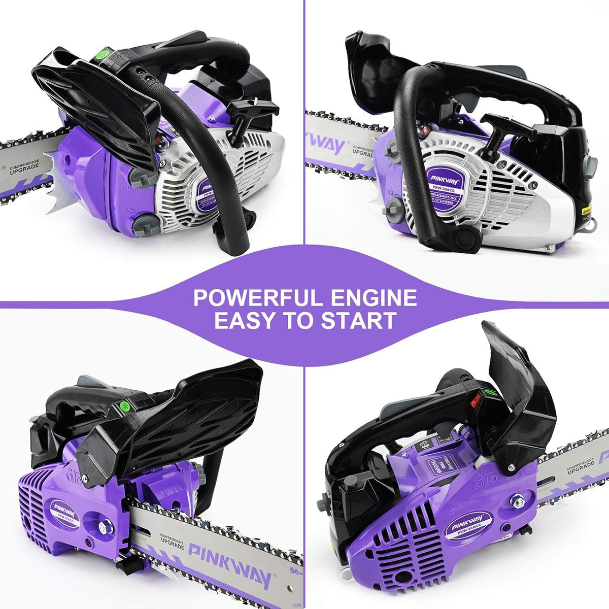 Pinkway handheld chainsaw with ergonomic grip for one-handed operation.