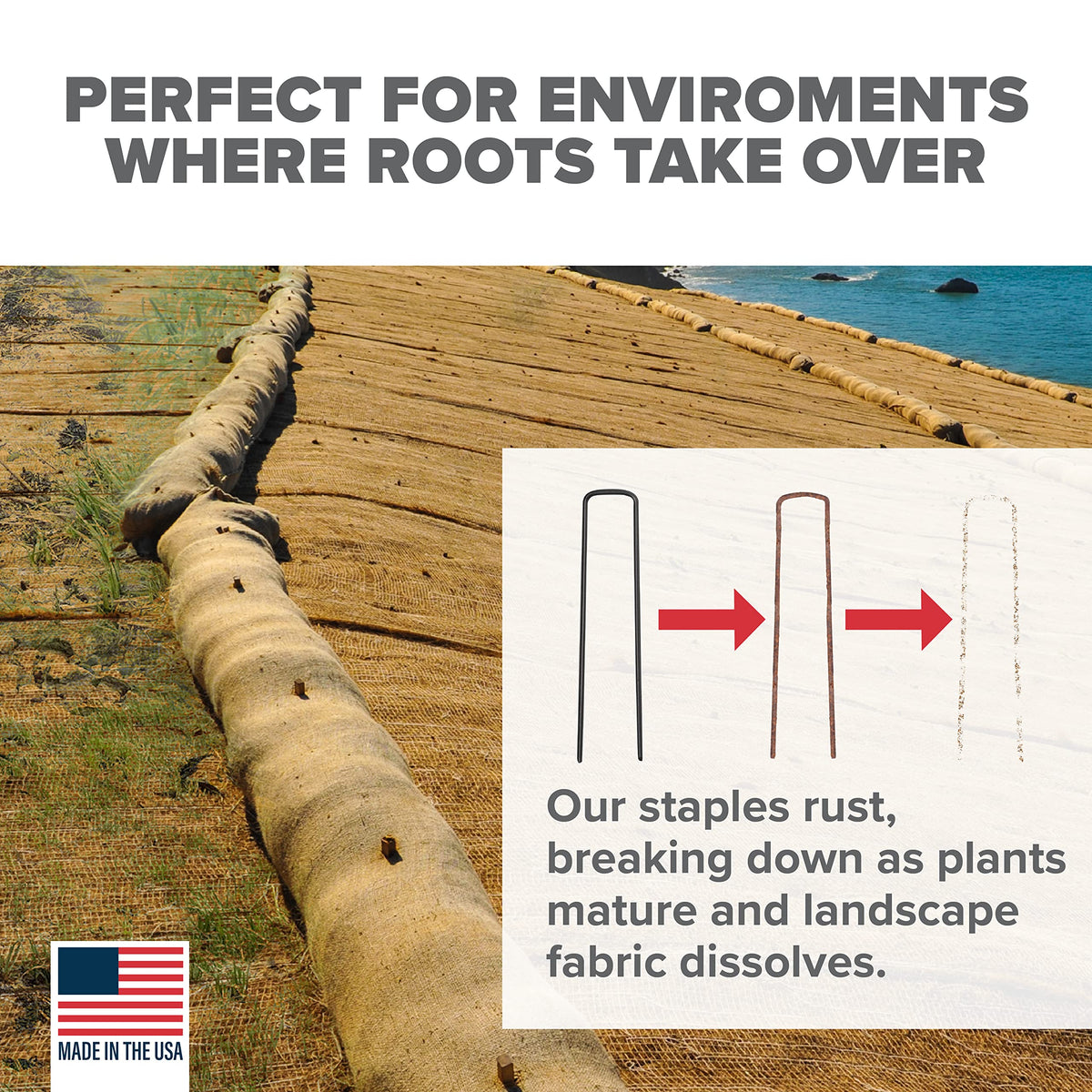 Pinnacle Mercantile dissolving pins paired with biodegradable fabric support greener garden setups.