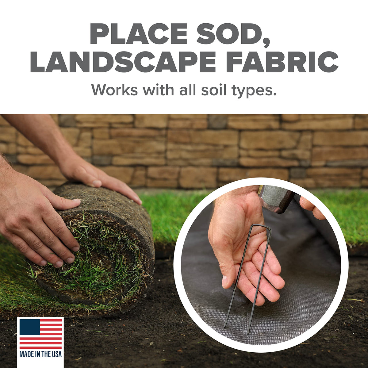 Pinnacle Mercantile garden installation using stakes to secure sod.