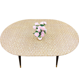 Pioggia oval vinyl fitted tablecloth with flannel backing protects oval tables.