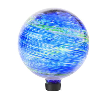 PIREKZUNT gazing ball with blue-green swirls enhances outdoor garden aesthetics.