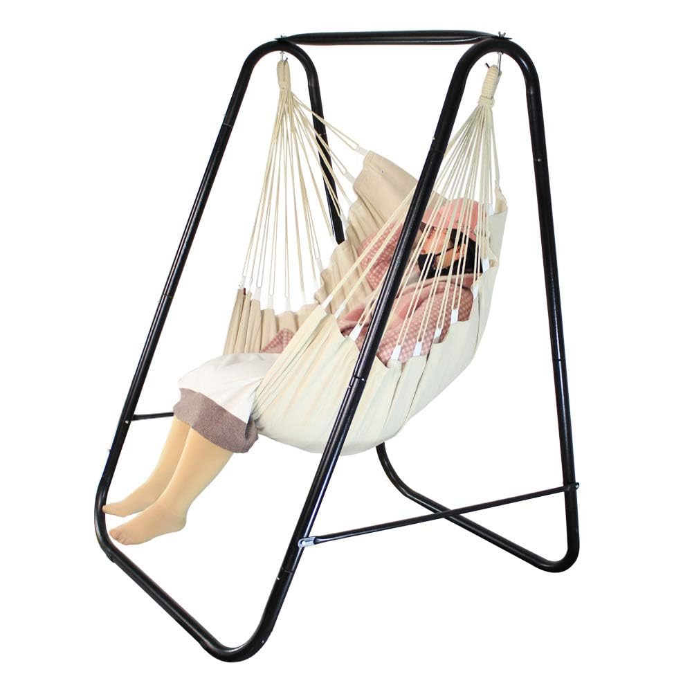 PIRNY Hammock Chair Stand outdoors in white offering patio relaxation.