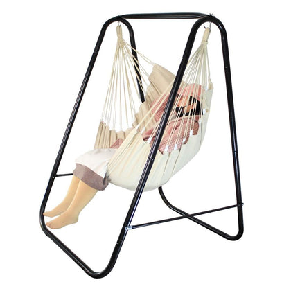 PIRNY Hammock Chair Stand outdoors in white offering patio relaxation.
