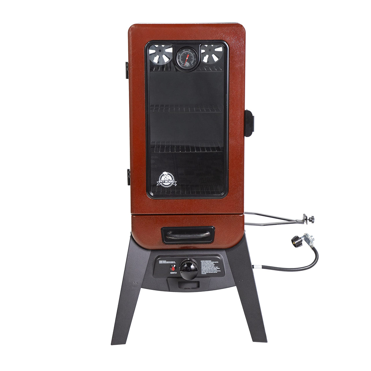Pit Boss 3-Series vertical smoker front view showing ample space for ribs and brisket.