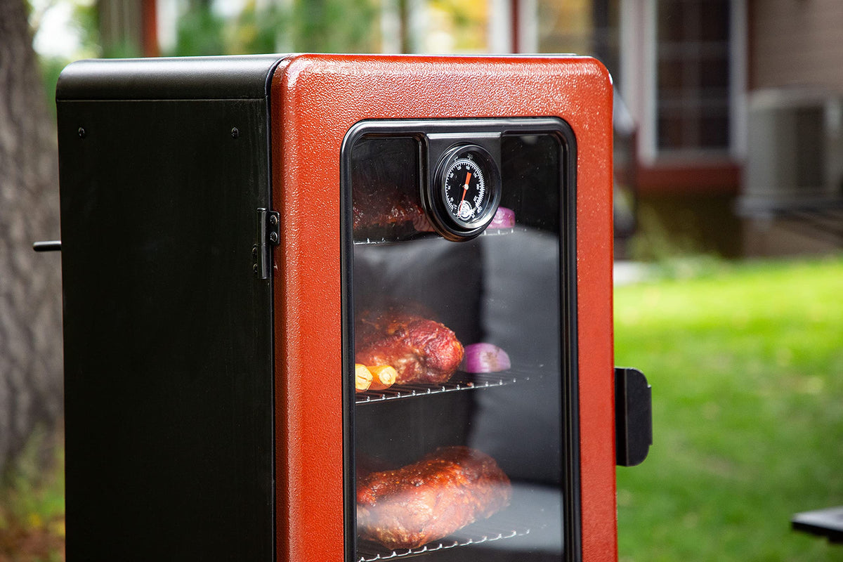 Pit Boss 3-Series vertical smoker rear wheels allow easy yard repositioning.