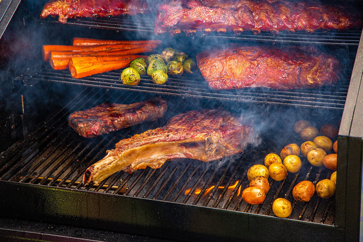 Cherry pellets on grill create fruity smoke for poultry and seafood