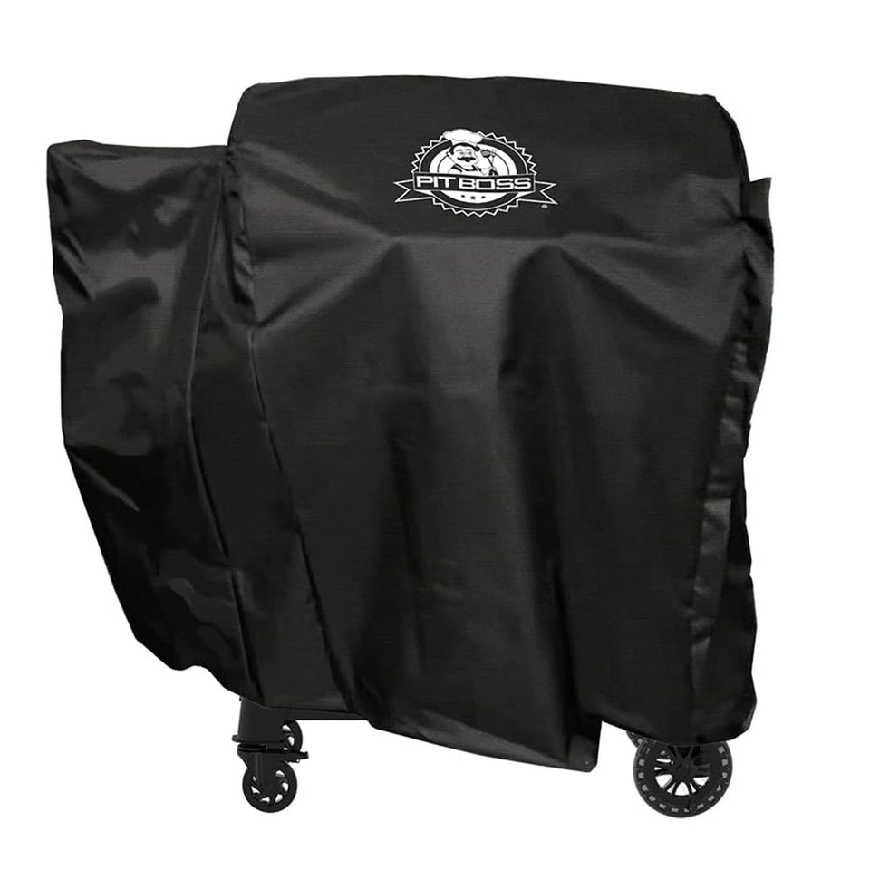 Pit Boss grill cover over 850FB2 protecting from sun and rain, preserving finish.
