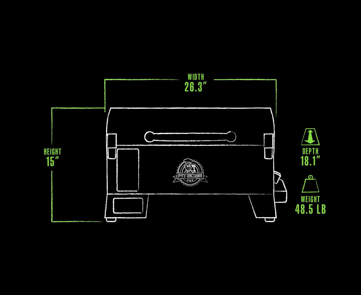 Compact Pit Boss PB150PPB with a 26.3 by 18.1 inch footprint.
