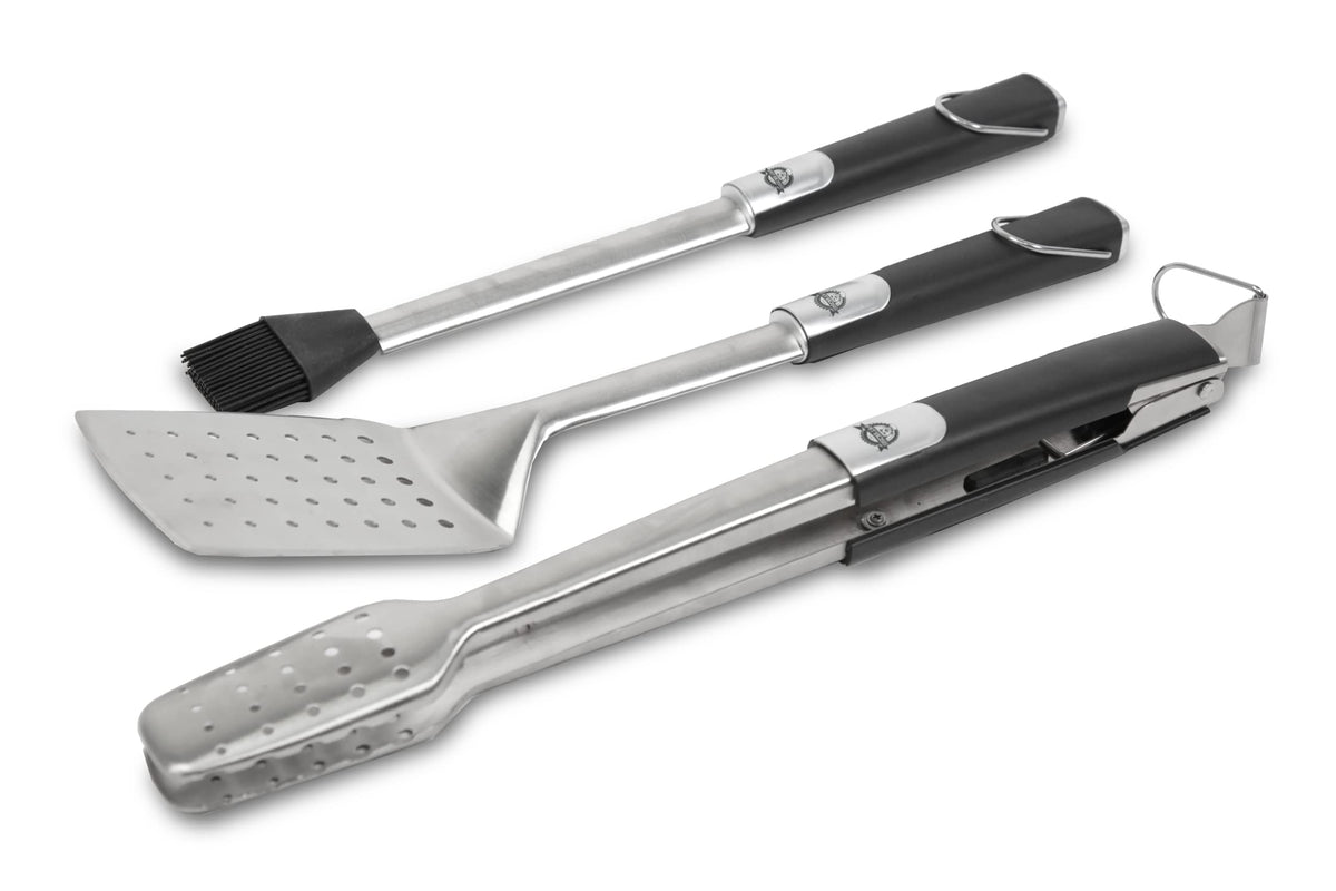 Pit Boss Soft Touch 3-Piece Tool Set locking tongs for precise grilling and easy flipping.