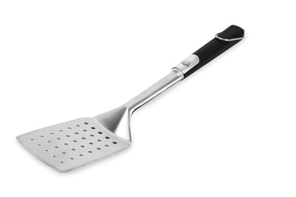 Pit Boss Soft Touch Spatula with black-silver handle, ideal for flipping burgers and draining fat