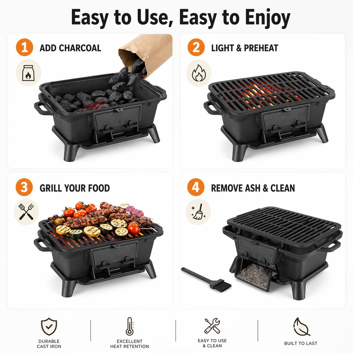 PitInnov hibachi grill with carrying handles for easy transport to camping or picnics.