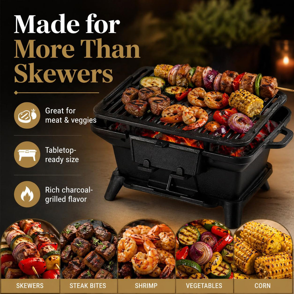 PitInnov hibachi grill cast iron top offers even heat and robust searing surface.