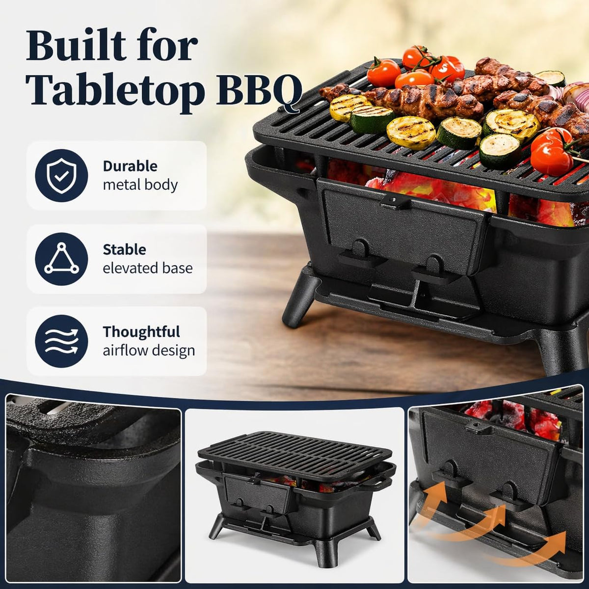 PitInnov hibachi grill removable grates for quick cleaning after use.