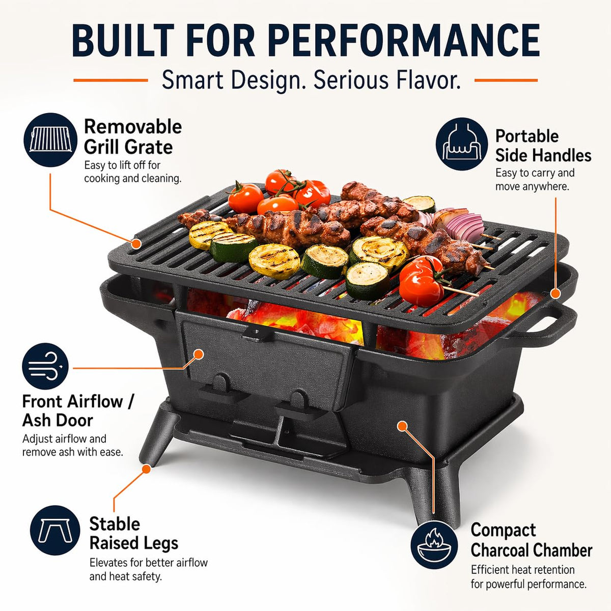 PitInnov hibachi grill built-in vent helps control temperature during open-flame cooking.