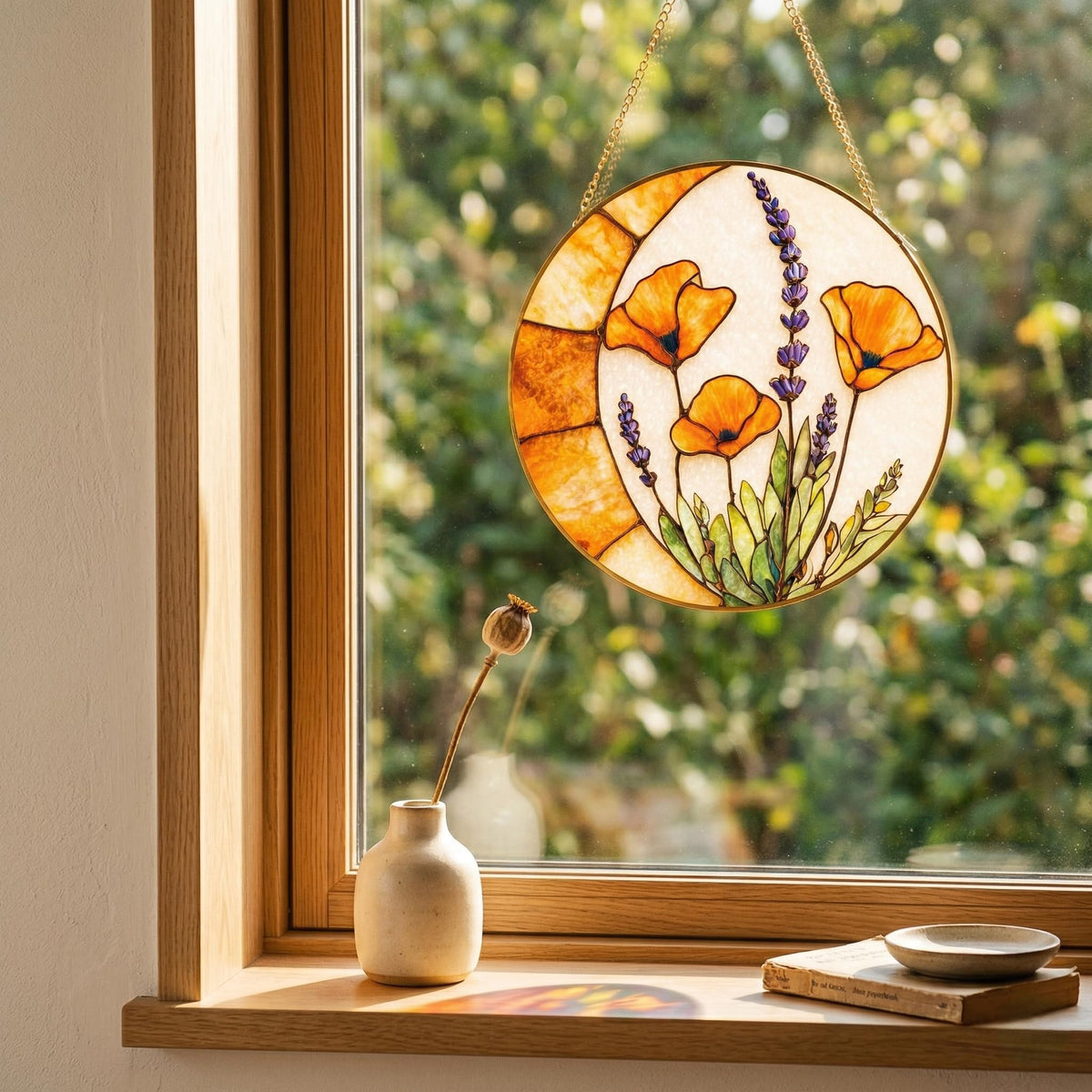 Pixiwoo Poppy Lavender suncatcher captures morning sun, creating a soft glow.