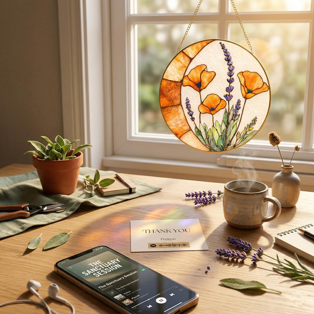 Pixiwoo Poppy Lavender suncatcher serves as a charming wall art accent.
